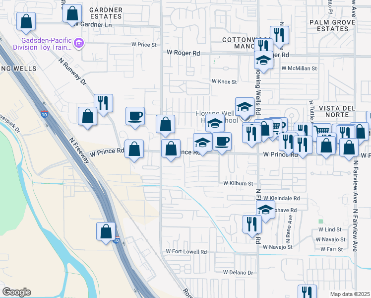 map of restaurants, bars, coffee shops, grocery stores, and more near 1700 West Prince Road in Tucson