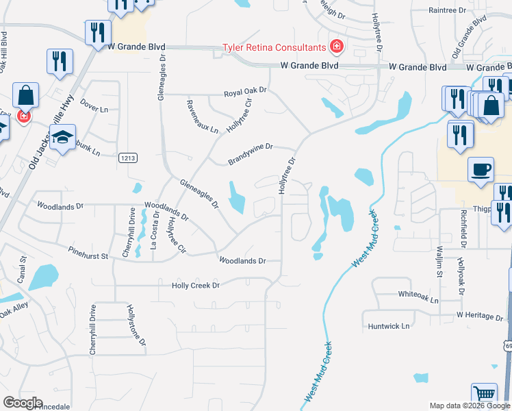 map of restaurants, bars, coffee shops, grocery stores, and more near 7146 Holly Square Court in Tyler