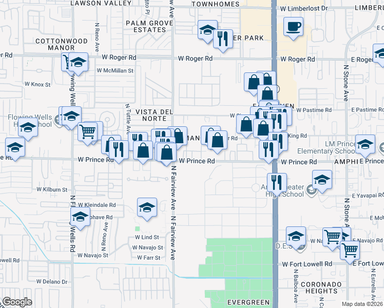 map of restaurants, bars, coffee shops, grocery stores, and more near 826 West Prince Road in Tucson