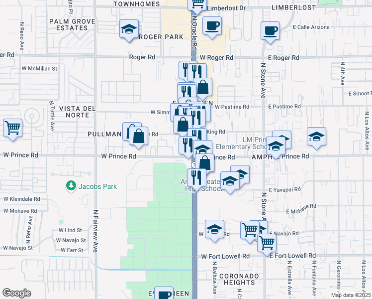map of restaurants, bars, coffee shops, grocery stores, and more near 3619 N Oracle Rd in Tucson