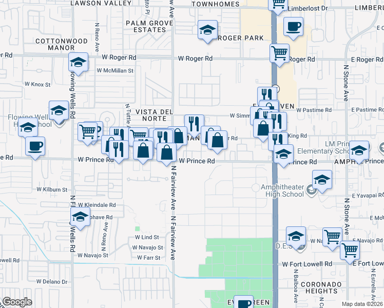 map of restaurants, bars, coffee shops, grocery stores, and more near 826 West Prince Road in Tucson