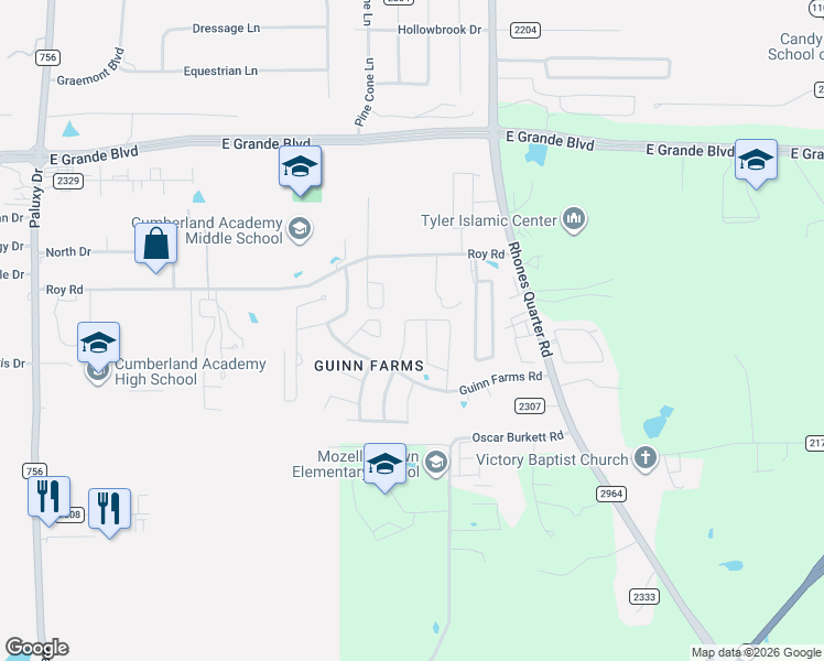 map of restaurants, bars, coffee shops, grocery stores, and more near 7260 Rolling Acres Place in Tyler