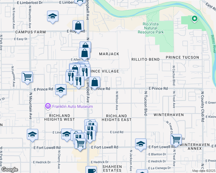 map of restaurants, bars, coffee shops, grocery stores, and more near 3615 North Prince Village Place in Tucson