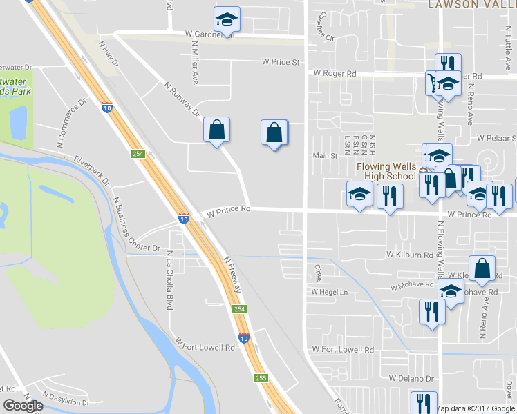 map of restaurants, bars, coffee shops, grocery stores, and more near 1904 West Prince Road in Tucson