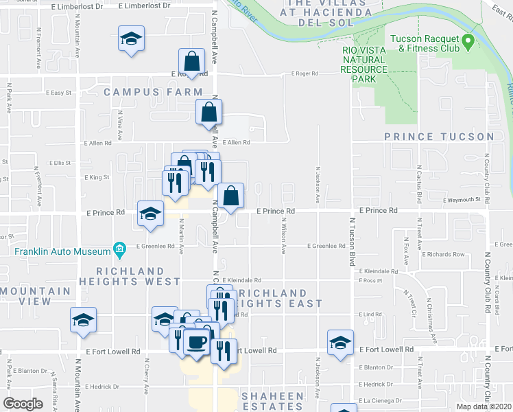 map of restaurants, bars, coffee shops, grocery stores, and more near 3615 North Prince Village Place in Tucson