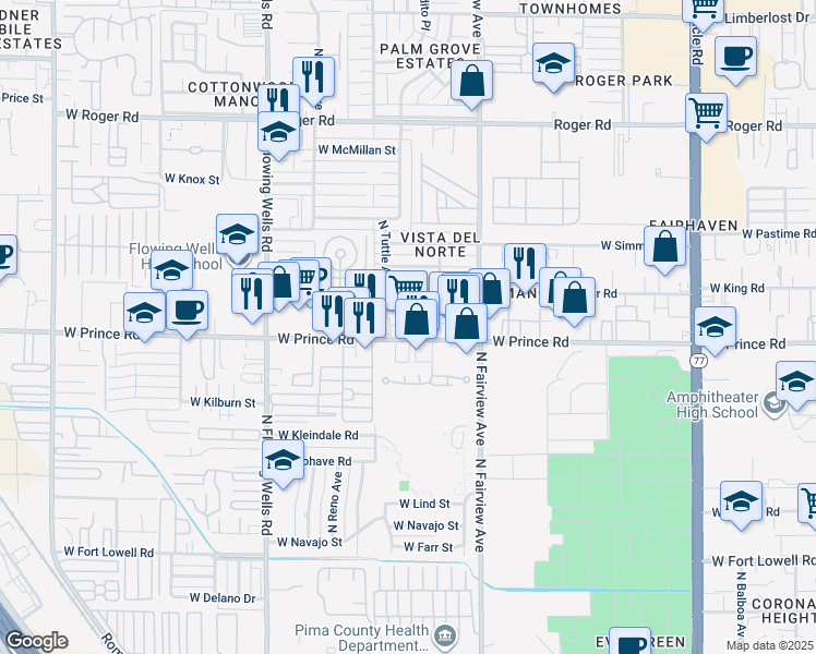 map of restaurants, bars, coffee shops, grocery stores, and more near 1020 West Prince Road in Tucson