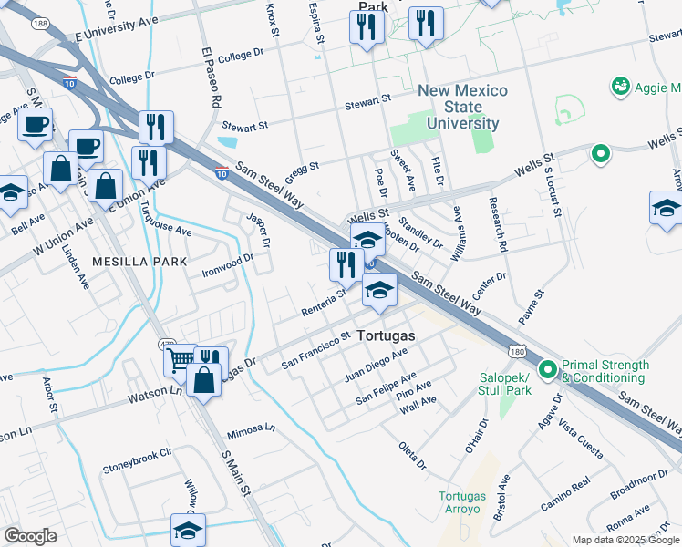 map of restaurants, bars, coffee shops, grocery stores, and more near 3251 Blackhawk St in Las Cruces