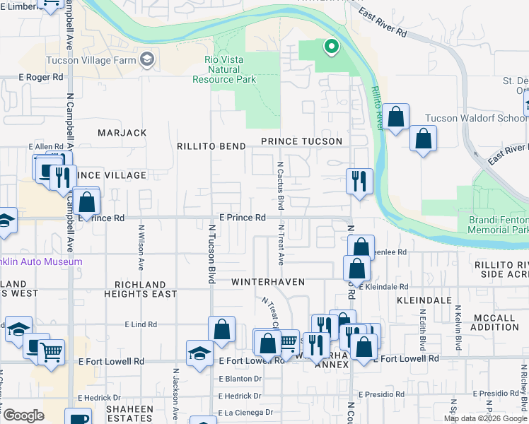 map of restaurants, bars, coffee shops, grocery stores, and more near 2619 East Prince Road in Tucson