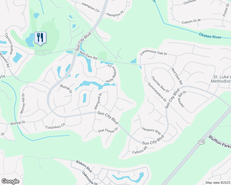map of restaurants, bars, coffee shops, grocery stores, and more near 31 Wandering Daisy Drive in Bluffton