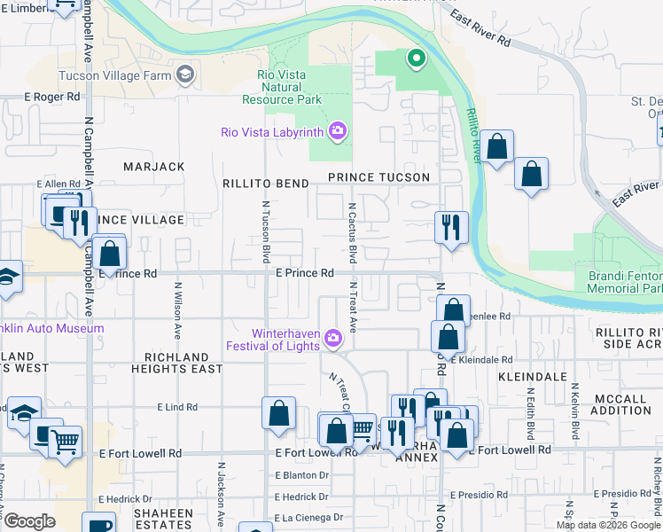 map of restaurants, bars, coffee shops, grocery stores, and more near 2619 East Prince Road in Tucson