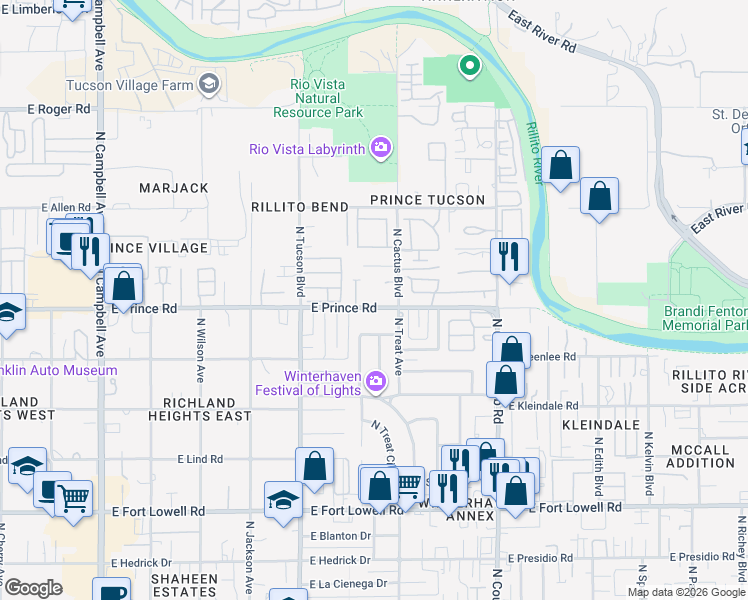 map of restaurants, bars, coffee shops, grocery stores, and more near 2619 East Prince Road in Tucson