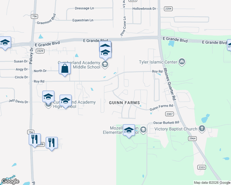 map of restaurants, bars, coffee shops, grocery stores, and more near 2509 Guinn Farms Road in Tyler