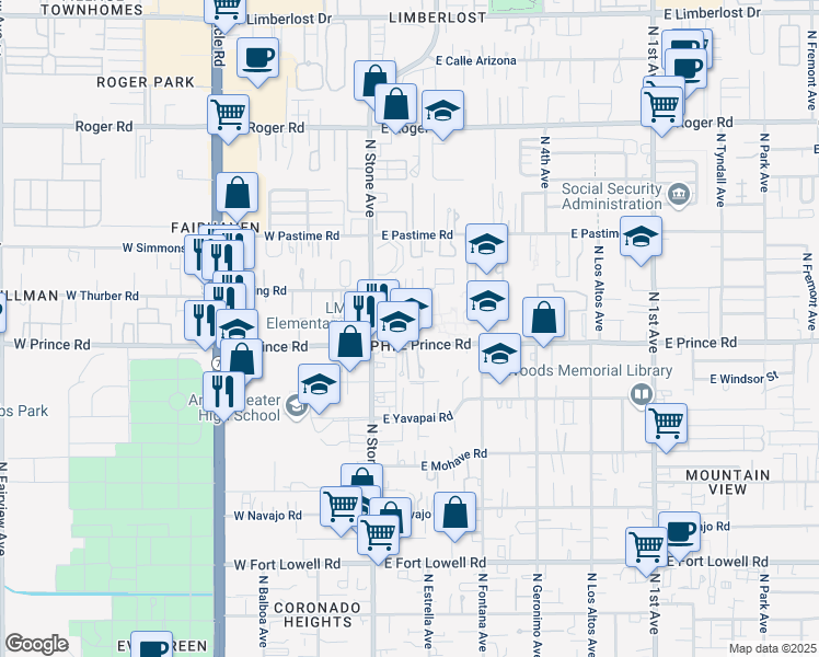 map of restaurants, bars, coffee shops, grocery stores, and more near 125 East Prince Road in Tucson