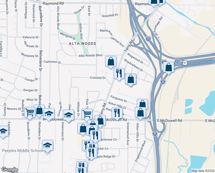 map of restaurants, bars, coffee shops, grocery stores, and more near 2519 Terry Road in Jackson