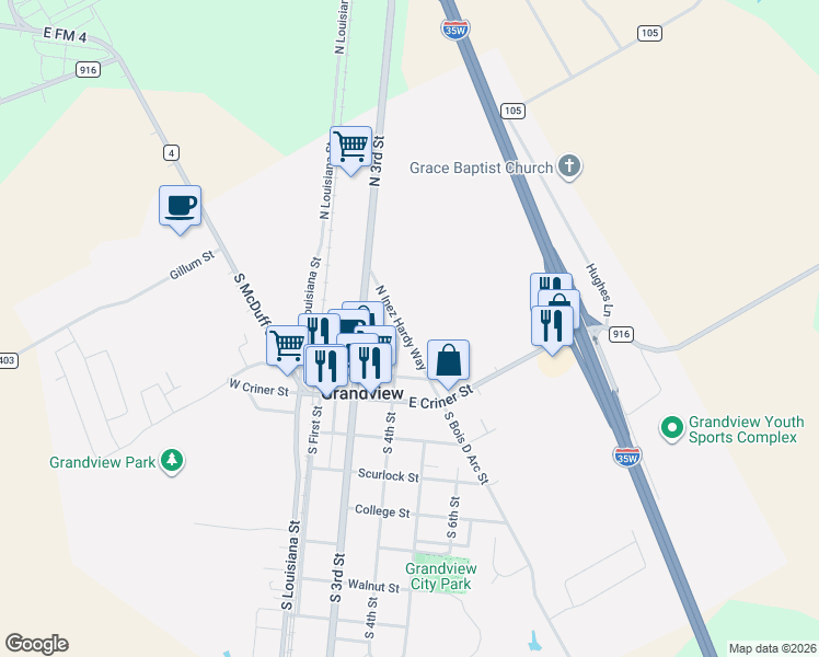 map of restaurants, bars, coffee shops, grocery stores, and more near 301 North Inez Hardy Way in Grandview
