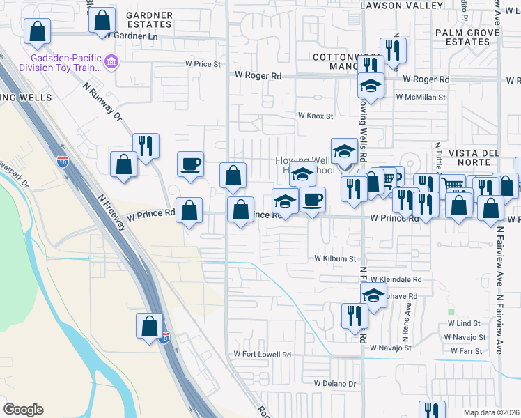 map of restaurants, bars, coffee shops, grocery stores, and more near 1700 West Prince Road in Tucson