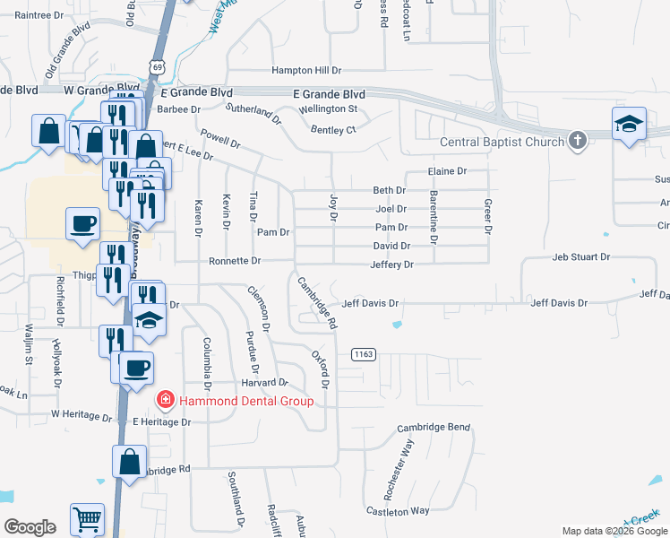map of restaurants, bars, coffee shops, grocery stores, and more near 701 Jeffery Drive in Tyler