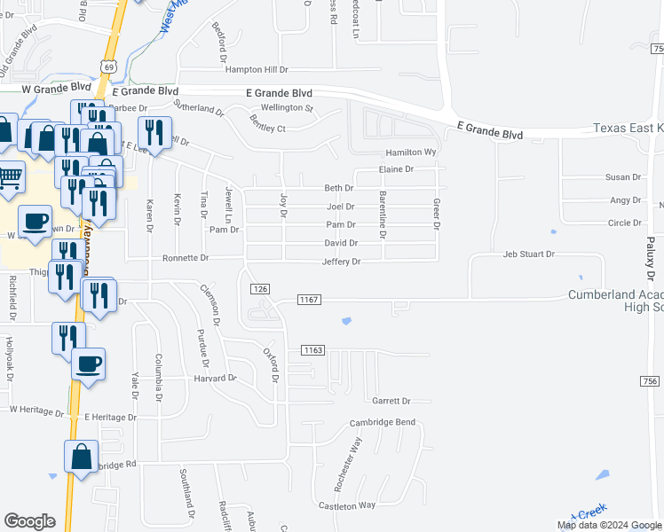 map of restaurants, bars, coffee shops, grocery stores, and more near 731 Jeffery Drive in Tyler