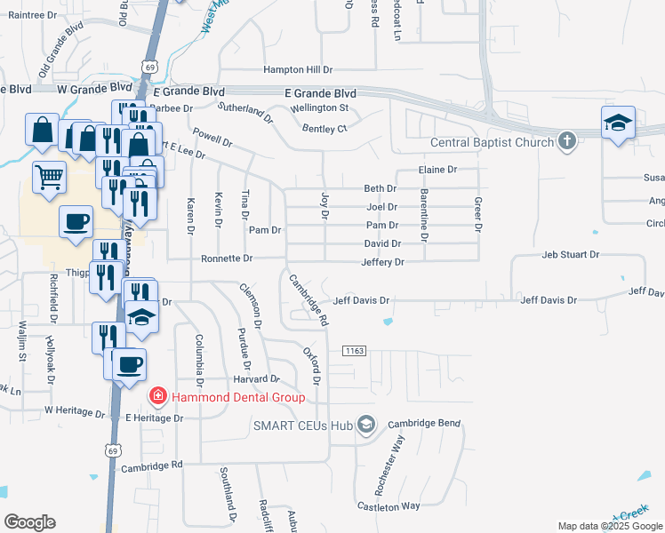 map of restaurants, bars, coffee shops, grocery stores, and more near 705 Jeffery Drive in Tyler