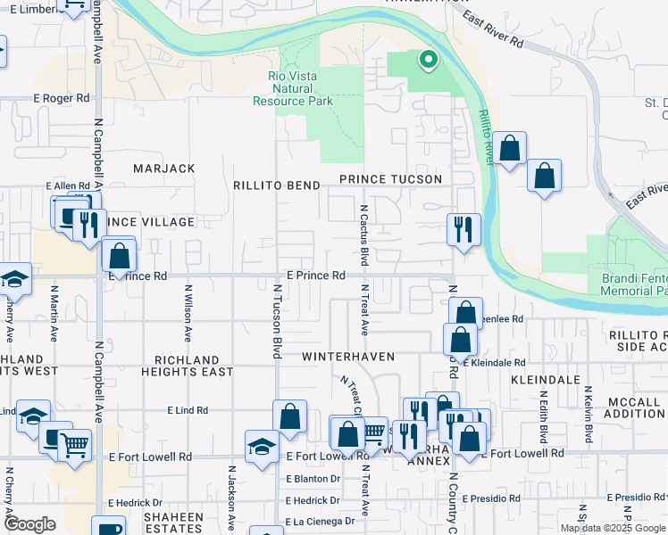 map of restaurants, bars, coffee shops, grocery stores, and more near 2619 East Prince Road in Tucson