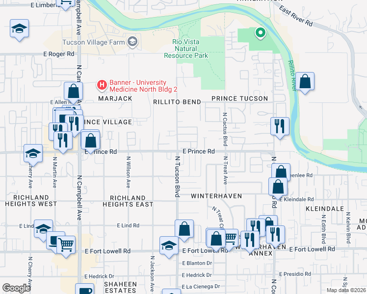 map of restaurants, bars, coffee shops, grocery stores, and more near 2925 East Prince Road in Tucson