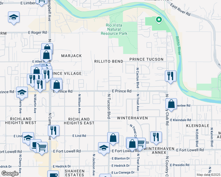map of restaurants, bars, coffee shops, grocery stores, and more near 2472 East Moonrise Place in Tucson