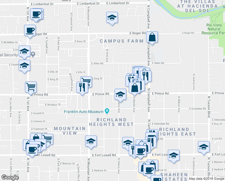 map of restaurants, bars, coffee shops, grocery stores, and more near 1501A East Prince Road in Tucson