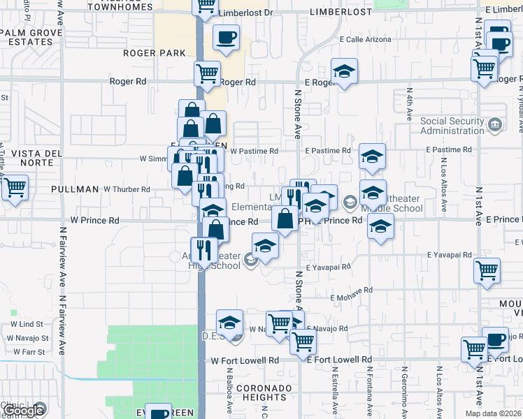 map of restaurants, bars, coffee shops, grocery stores, and more near 120 West Prince Road in Tucson