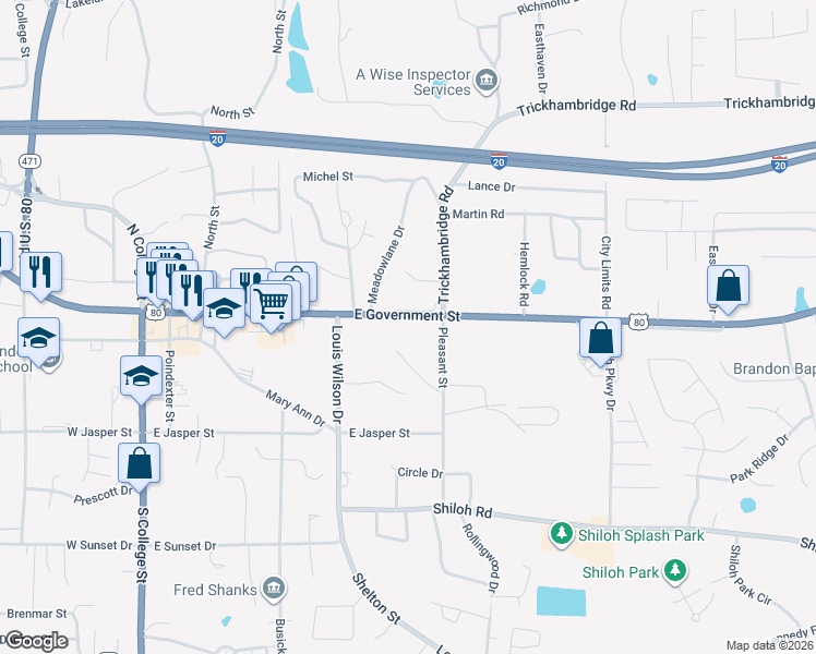 map of restaurants, bars, coffee shops, grocery stores, and more near 406 East Government Street in Brandon