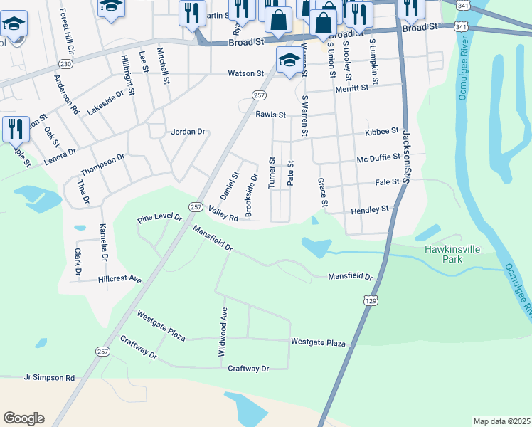 map of restaurants, bars, coffee shops, grocery stores, and more near 70 Turner Street in Hawkinsville