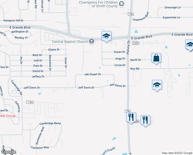 map of restaurants, bars, coffee shops, grocery stores, and more near 1423 Jeb Stuart Drive in Tyler