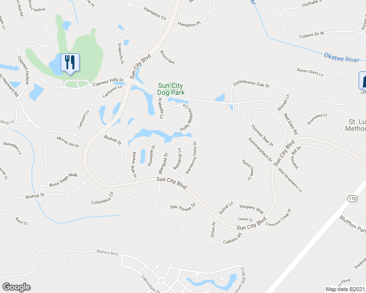 map of restaurants, bars, coffee shops, grocery stores, and more near 26 Raindrop Lane in Okatie