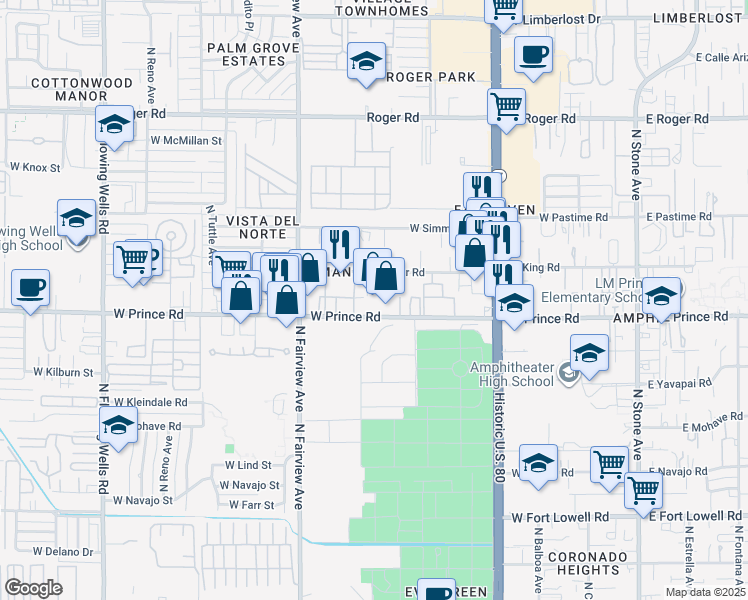 map of restaurants, bars, coffee shops, grocery stores, and more near 700 West Prince Road in Tucson