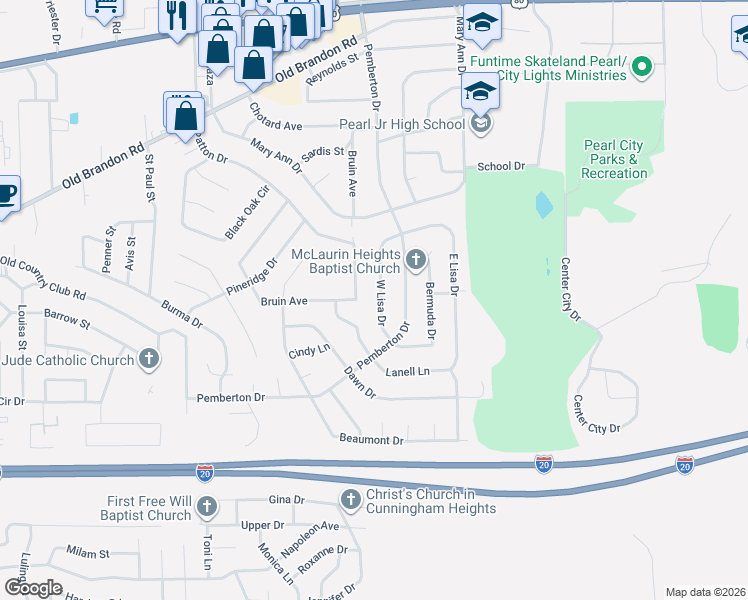 map of restaurants, bars, coffee shops, grocery stores, and more near 208 West Lisa Drive in Pearl