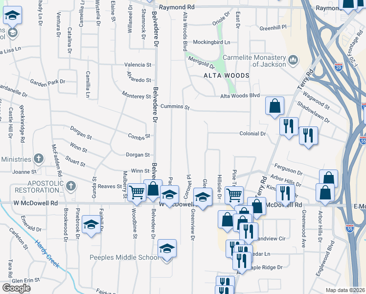 map of restaurants, bars, coffee shops, grocery stores, and more near 2415 Coronet Place in Jackson