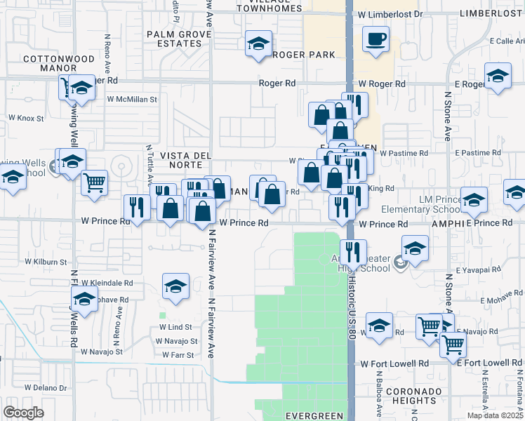 map of restaurants, bars, coffee shops, grocery stores, and more near 700 West Prince Road in Tucson