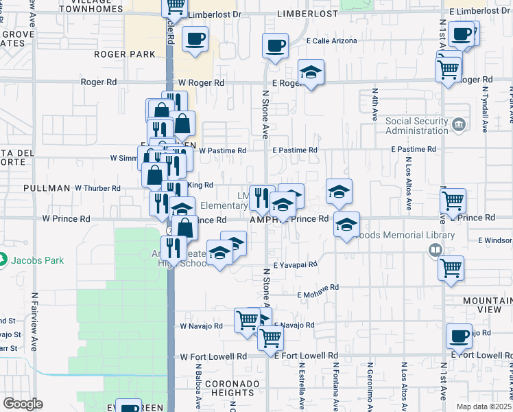 map of restaurants, bars, coffee shops, grocery stores, and more near 3621 North Stone Avenue in Tucson