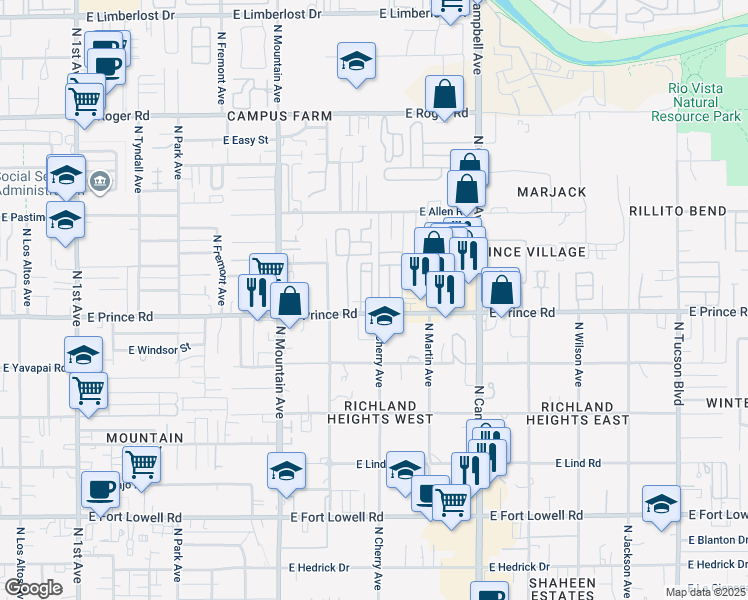 map of restaurants, bars, coffee shops, grocery stores, and more near 1501A East Prince Road in Tucson