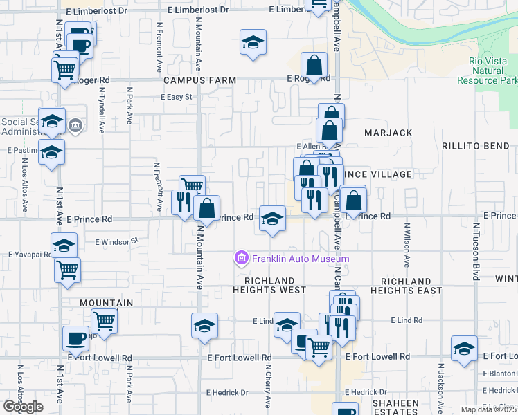 map of restaurants, bars, coffee shops, grocery stores, and more near 1501A East Prince Road in Tucson