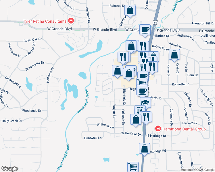 map of restaurants, bars, coffee shops, grocery stores, and more near 5 West South Town Drive in Tyler