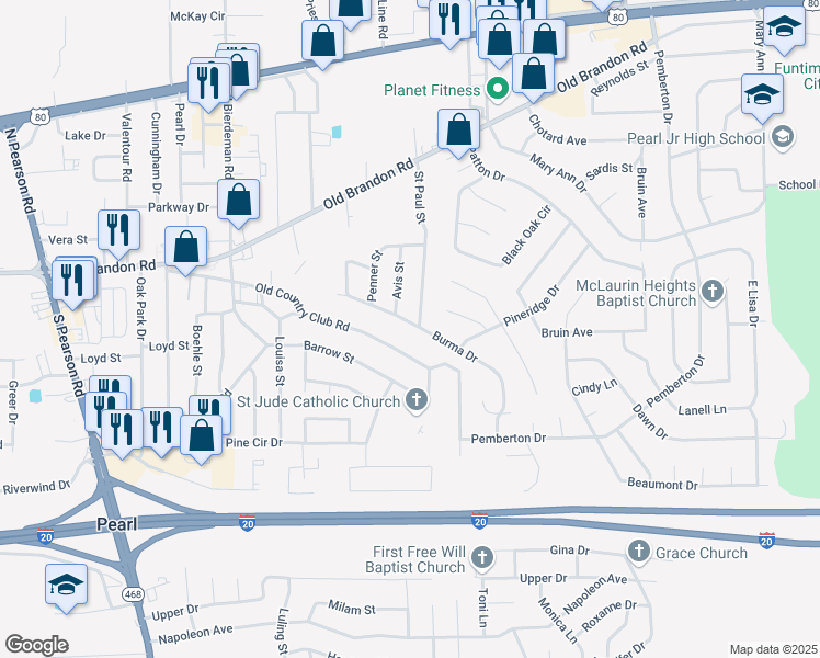 map of restaurants, bars, coffee shops, grocery stores, and more near 2665 Burma Drive in Pearl