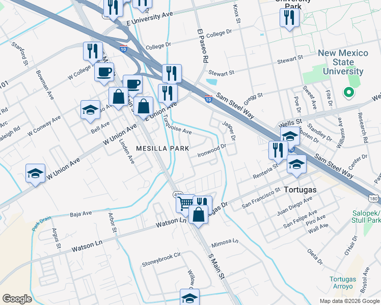 map of restaurants, bars, coffee shops, grocery stores, and more near 198 Cinnabar Lane in Las Cruces
