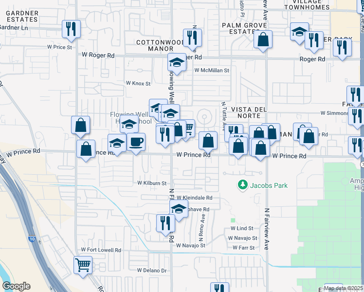 map of restaurants, bars, coffee shops, grocery stores, and more near 1330 West Prince Road in Tucson