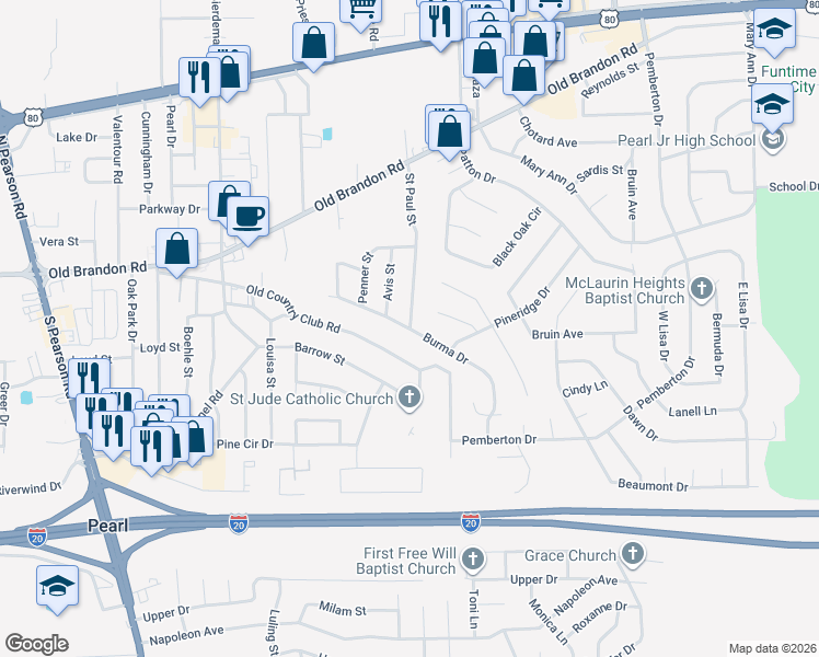 map of restaurants, bars, coffee shops, grocery stores, and more near Burma Dr in Pearl