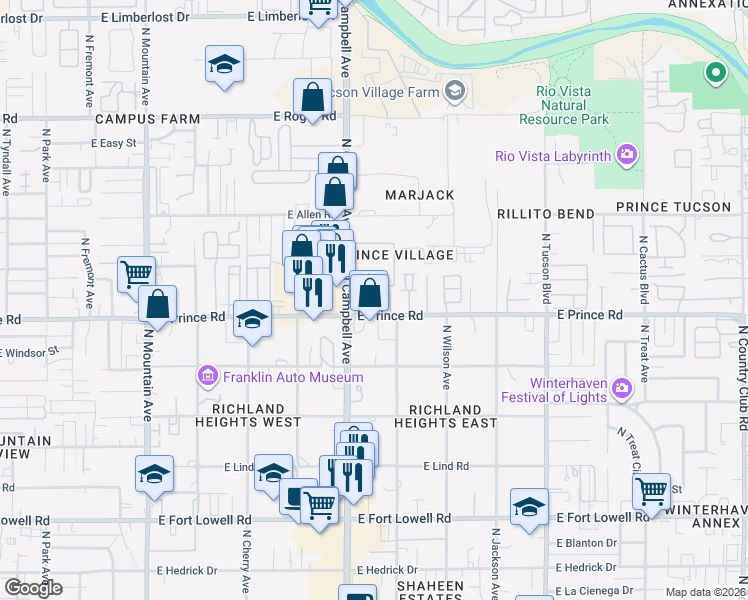 map of restaurants, bars, coffee shops, grocery stores, and more near 3636 North Campbell Avenue in Tucson