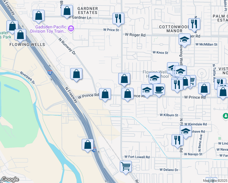 map of restaurants, bars, coffee shops, grocery stores, and more near 1811 West Prince Road in Tucson