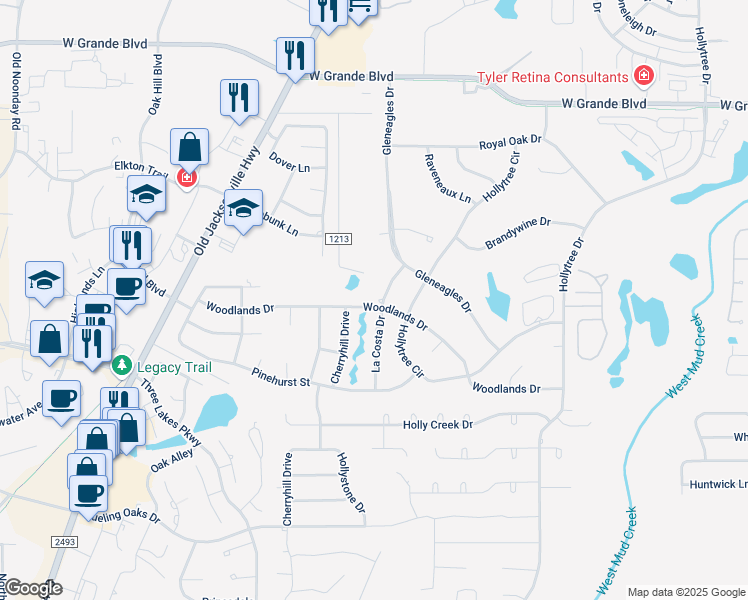 map of restaurants, bars, coffee shops, grocery stores, and more near 6711 La Costa Drive in Tyler