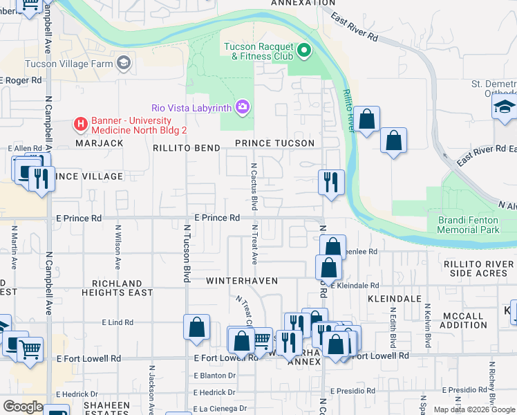 map of restaurants, bars, coffee shops, grocery stores, and more near 2801 East Weymouth Circle in Tucson