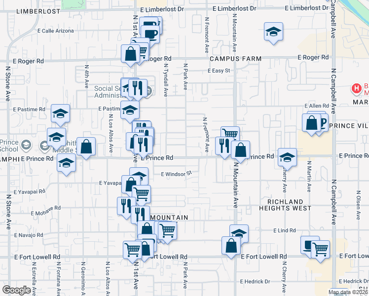 map of restaurants, bars, coffee shops, grocery stores, and more near 1003 East Prince Road in Tucson