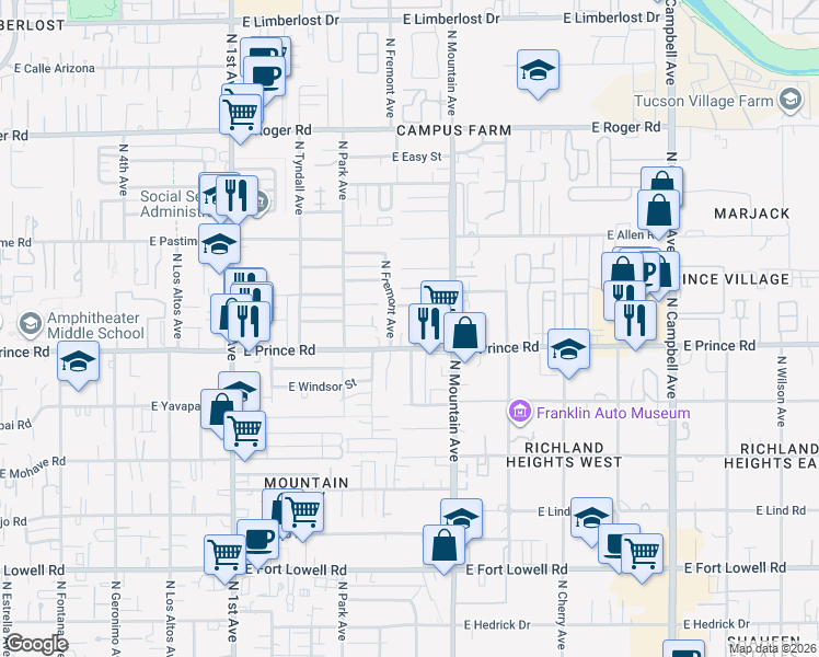map of restaurants, bars, coffee shops, grocery stores, and more near 3619 North Santa Rita Avenue in Tucson